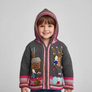 Lucy Iburg The Three Little Pigs Themed Knit Hooded Zip Up Sweater